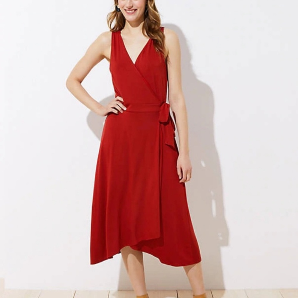 Loft Midi Wrap Dress Red Sleeveless Size XS
